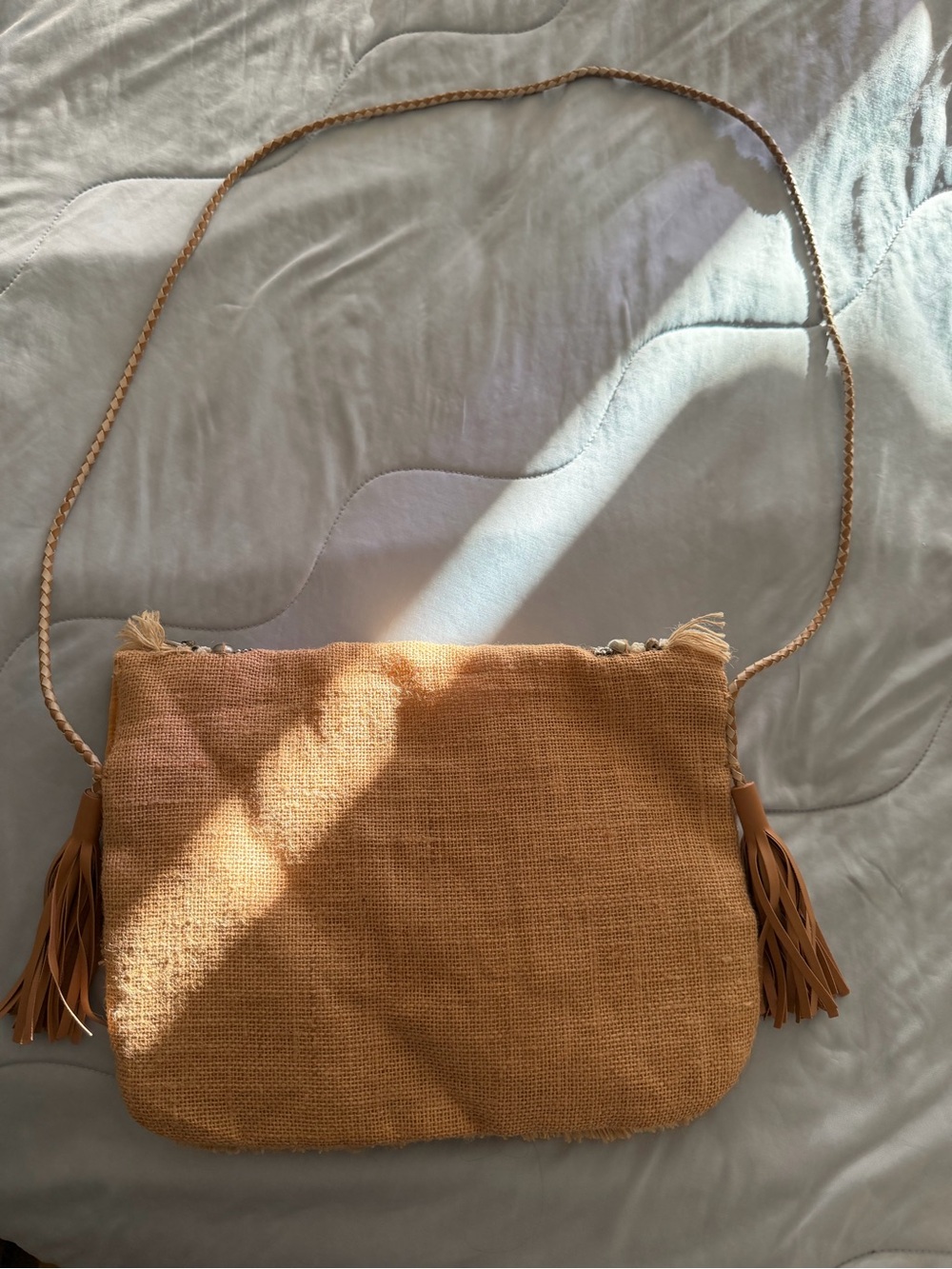 Shashi Leela Clutch - Boho Fringe Crossbody Bag with Coin & Bead Detail - Tan - Picture 4 of 4